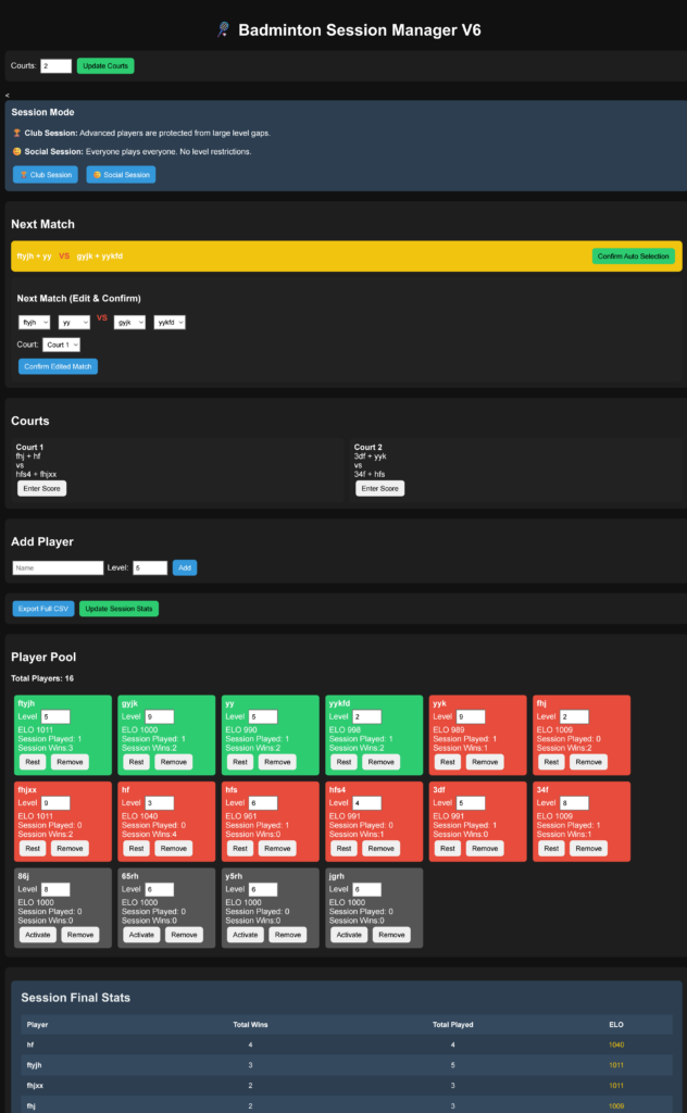 badminton session manager app - auto generates player selection per session